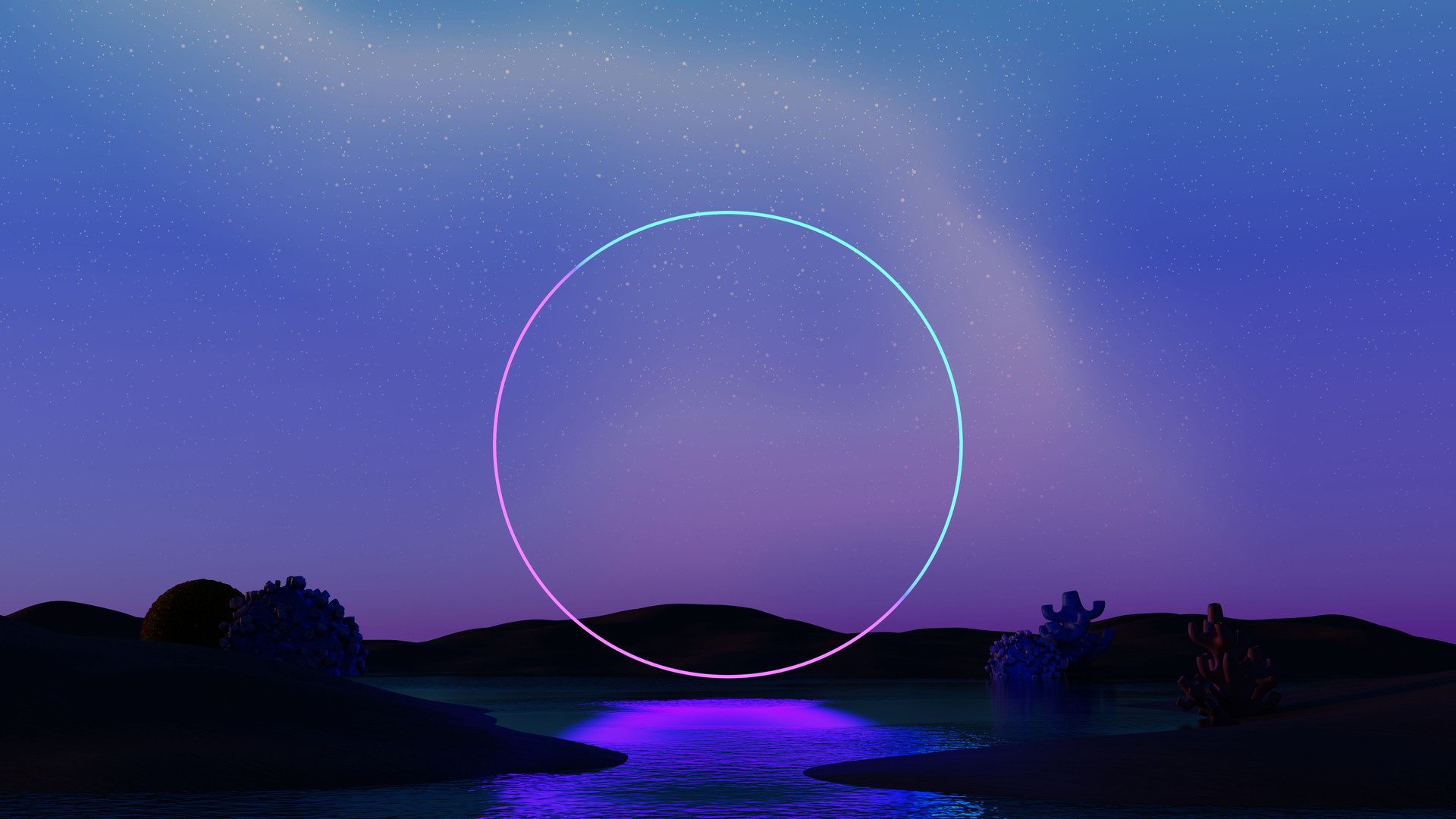 3D render, Surreal landscape with glowing neon circle floating on  ocean and land with reflection of water, beautiful night sky background.